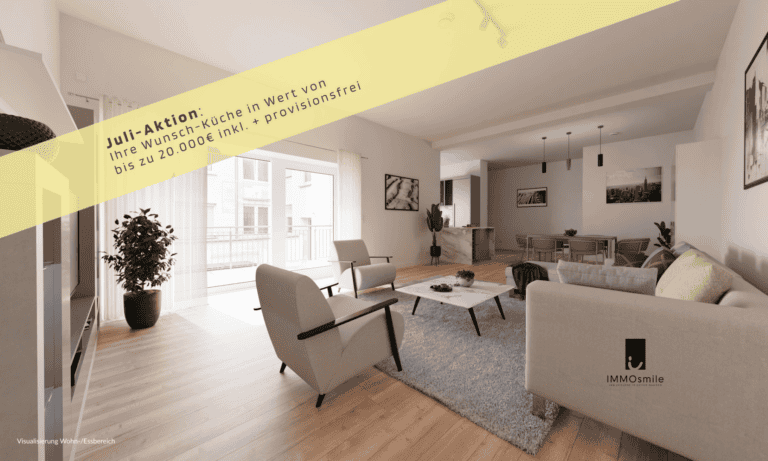 Visualisierung Wohn‑/ Essbereich mit harmonischer Wohlfühlatmosphäre und direktem Zugang zur Terrasse