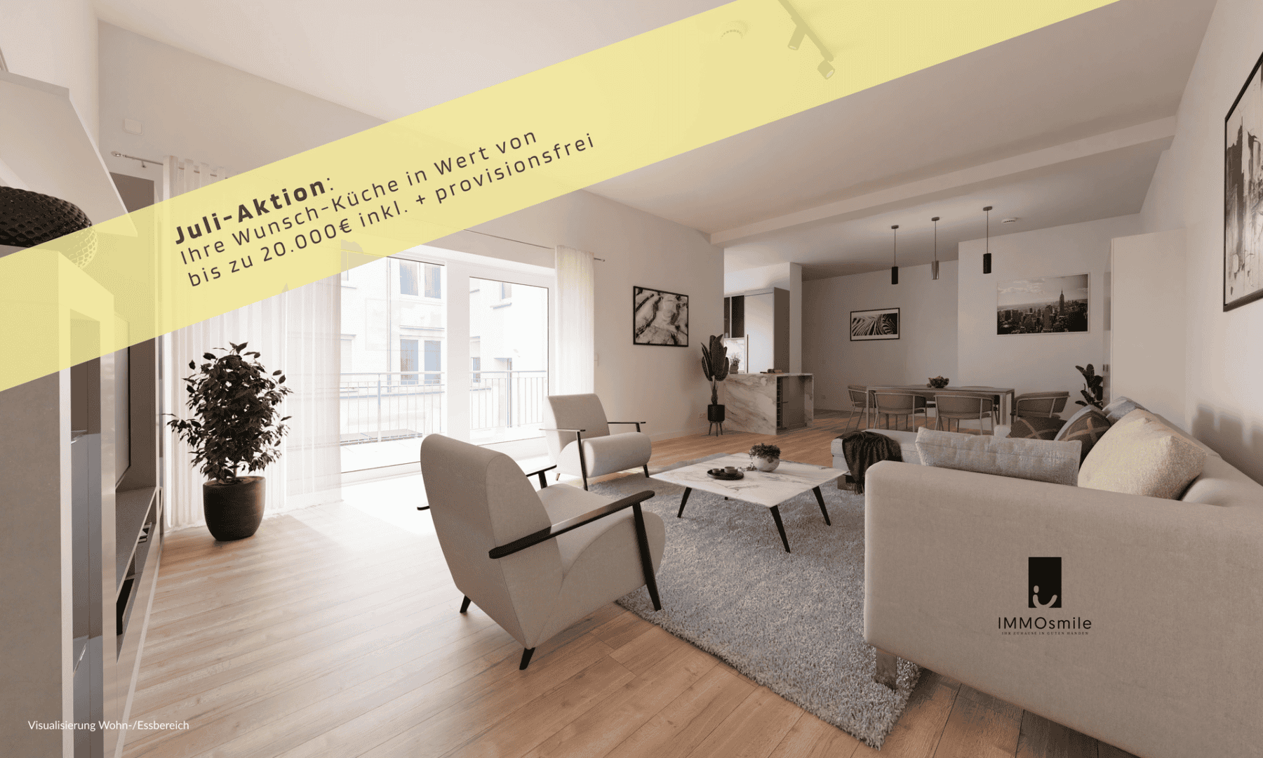 Visualisierung Wohn‑/ Essbereich mit harmonischer Wohlfühlatmosphäre und direktem Zugang zur Terrasse
